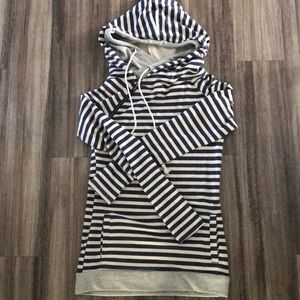 Navy blue-heather/tan double hooded sweatshirt